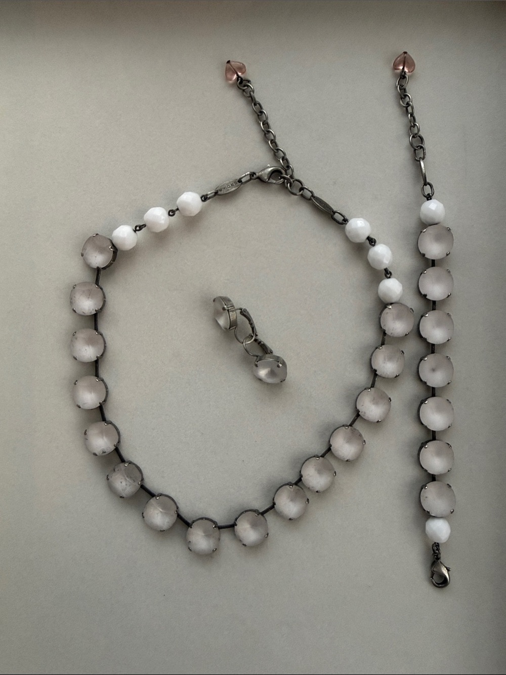 Sabika Frosted White and Smoky Bead Necklace, Bracelet, Earring Set